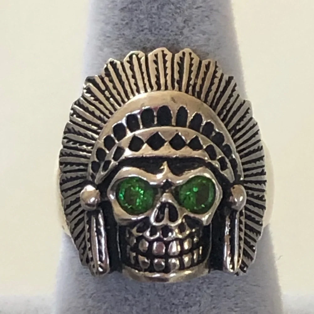 925 silver biker chief skull ring green cz eyes